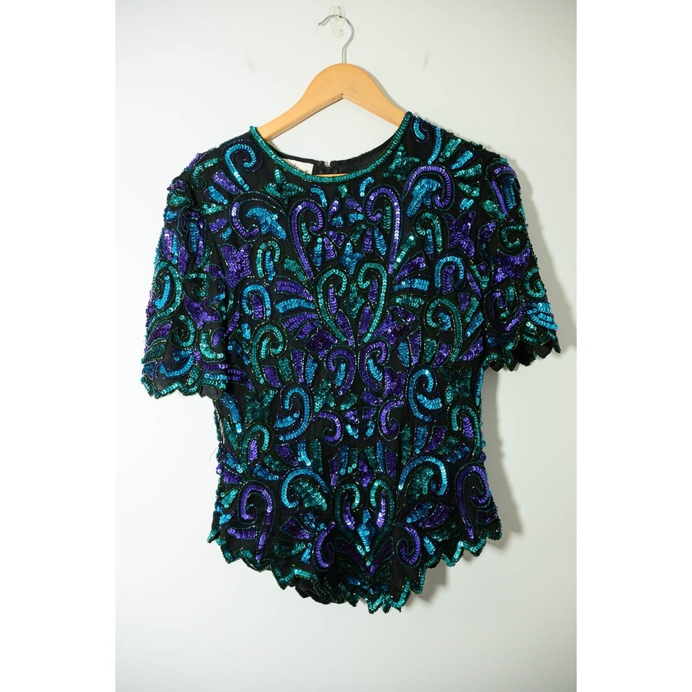Laurence Kazar Silk Blouse XL Teal Purple Excellent Sequin Beaded Vintage Top